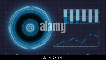 Image of arc reactor and graphs with dots over black background Stock Photo