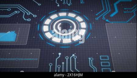 Image of arc reactor, graphs, computer language and circuit board pattern over black background Stock Photo