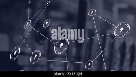 Image of bulb icons in loading circles connected with lines over abstract background Stock Photo