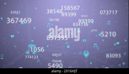 Image of multiple changing numbers and network of digital icons against ...