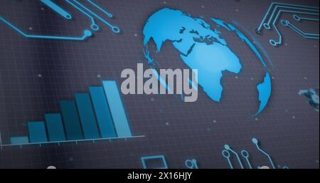 Image of graph, rotating globe and circuit board pattern over gray background Stock Photo