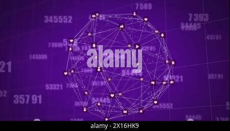 Image of multiple changing numbers and spinning globe of digital icons against purple background Stock Photo