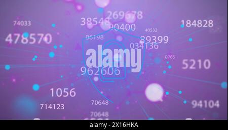Image of multiple changing numbers and security padlock icon against purple background Stock Photo