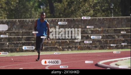 Image of notification bars over african american athlete running on race track Stock Photo