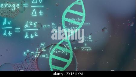 Image of bubbles over dna strand and mathematical equations on blue background Stock Photo