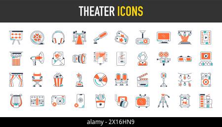 Theater icons set vector illustration. Contains such icon as cinema, film, movie, tv, video and more. Stock Vector