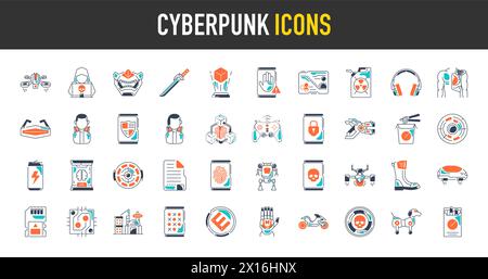 Cyber punk security icon set. Data protection symbol. Secured network icon collection. Technology concept. Vector illustration. Stock Vector