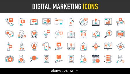 Digital marketing icon set. Containing seo, content, website, social media, sales and online advertising. Solid vector symbol collection. Stock Vector
