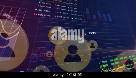 Image of profile icons, multiple graphs, trading boards, computer language over black background Stock Photo