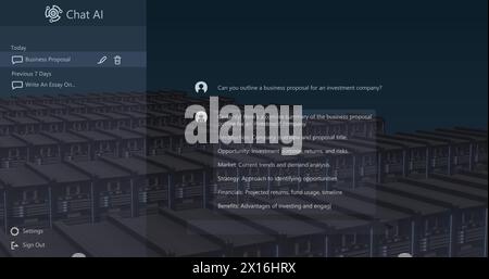 Chat ai logo and conversation text over data processing on computer servers Stock Photo