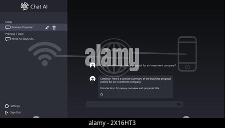 Chat ai logo and conversation text over network of wi fi, globe and smartphone icons Stock Photo