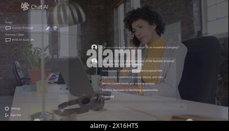 Chat ai logo and text over biracial casual businesswoman talking on smartphone using laptop Stock Photo