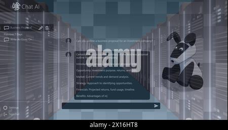 Chat ai logo, dog image and conversation text over servers in server room Stock Photo