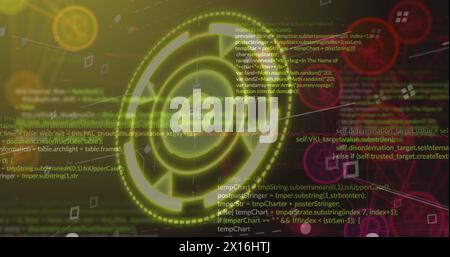 Image of data processing and network of digital icons against neon yellow round scanner Stock Photo