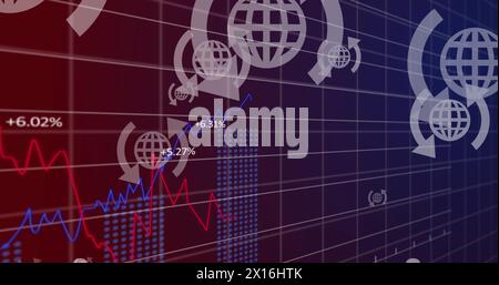 Image of arrow around globes, graphs with changing numbers over black background Stock Photo