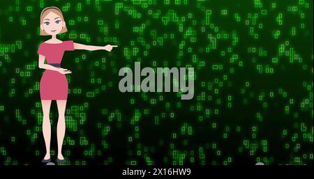 Image of illustrative female representation and binary codes over green background Stock Photo