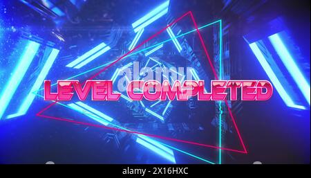 Image of level completed text over neon pattern background Stock Photo