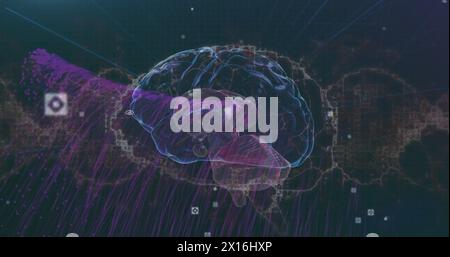 Image of viewfinders, human brain and dynamic wave pattern over abstract background Stock Photo