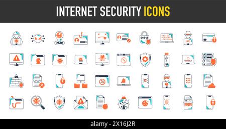 Set of 40 icons related to internet security, IOT, internet of things, smart house, innovation. Icon collection vector illustration. Stock Vector