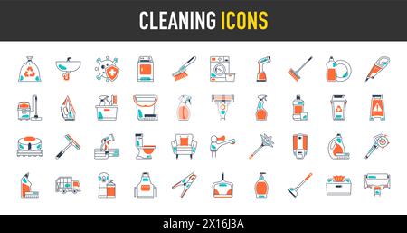 Cleaning icons. Laundry, Window sponge and Vacuum cleaner icons. Washing machine, Housekeeping service and Maid cleaner equipment. Window cleaning. Stock Vector