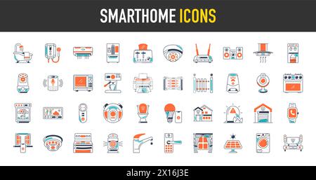 Collection of smart house icons. control of lighting, heating, air conditioning. Set of home automation and remote monitoring symbols drawn. Vector. Stock Vector