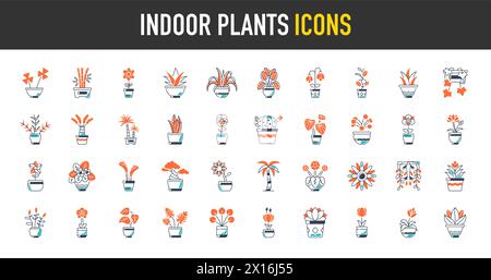 Decorative houseplants in pots. Indoor plants in flower pot, vases, basket for interior isolated on white background. Home greener. Vector icons. Stock Vector