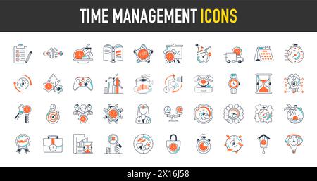 Time Management icon set. Contains icons such as calendar, calendar, watch, overtime, planning and more. Stock Vector