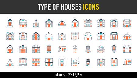 Type of houses. Set of icons of big city buildings. Urban architecture. State institutions, religious and cultural monuments. Educational centers and Stock Vector