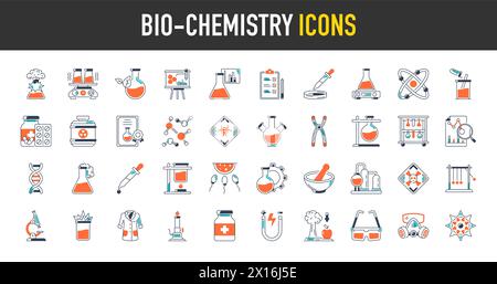 Set of biochemistry icons. Science, scientific activity elements - icon collection. Simple vector illustration. Stock Vector