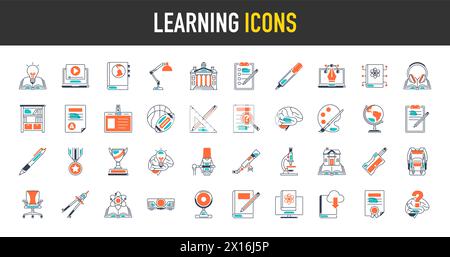Learning set of web icons in solid style. Education icons for web and mobile app. E-learning, video tutorial, knowledge, study, school, university. Stock Vector