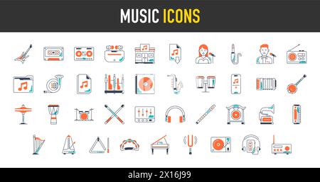 illustration of music instrument in flat vector style icons. Stock Vector
