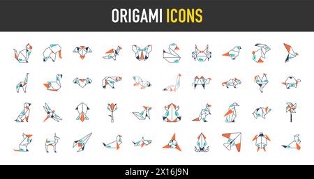 Origami Folded Paper Animals Shapes. Bird, Crane, Cat, Dog, Rhino, Fox, Mouse, Elephant. Flat Icon Illustration Set Collection Stock Vector