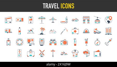 Travel icon set. Summer vacations and holiday symbol vector illustration. Collection of traveling and tourism elements. Stock Vector