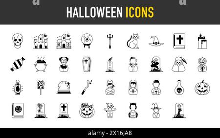 Halloween icon. include monster such as angle of death, dracula, mask of murderer, bat and cute ghost, abandoned house, owl, candle, black cat, candy. Stock Vector