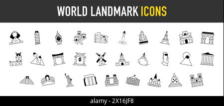 Set of world landmark icons. Such as china wall, historical places, buildings, and more vector illustration. Stock Vector