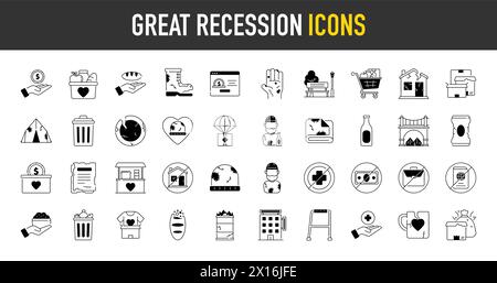 Great recession economic crisis web icon set premium style. Decrease, layoff, job fired, pay cuts, low cost, collection. Vector illustration. Stock Vector