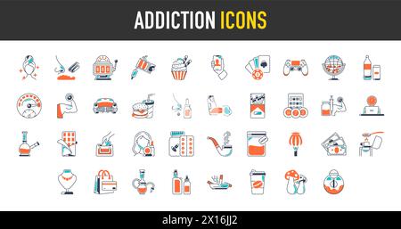 Set of addiction icons. continuing education & ethics icon for web app. Include casino, alcohol, beauty, game, tattoo, food, money, gym and more icon. Stock Vector