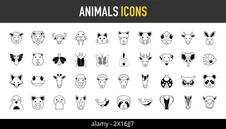 Set of vector animals icons illustration. Such as lion, pig, tiger, elephant, panda, snake, butterfly, fish, dog, whale, insects, cat and more icon. Stock Vector