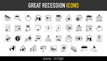Great recession economic crisis web icon set premium style. Decrease, layoff, job fired, pay cuts, low cost, collection. Vector illustration. Stock Vector