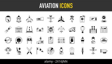Set of airport icons. vector icon set such as takeoff, runway, air balloon, landing, monitors, aircraft. aviation vector illustration. Stock Vector