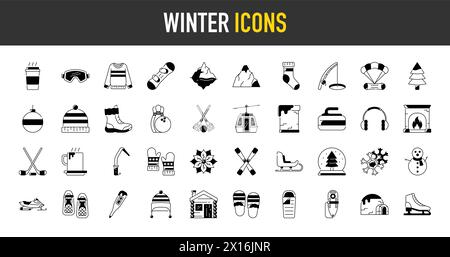 Set of winter activity icons. Such as snowman, winter sports,fashion, sweater, snow ride, Igloo, coffee, skating, ropeway, thermometer and more vector Stock Vector