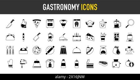 40 gastronomy universal icons set with Apple, Steak, Menu, Oyster, Fast food, Lemon, Coffee beans, Gin, Lime, Lemon vector illustration. Stock Vector