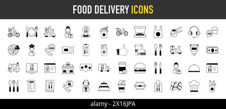 Food delivery icons. Vector illustration included icon as door contactless delivering, cake, burger, dish, grocery list for fast distribution. Stock Vector