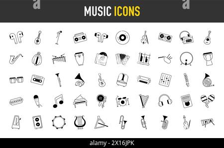 illustration of music instrument in flat vector style icons. Stock Vector