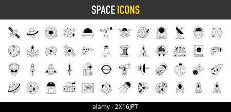 Set of space icon vector illustration in solid style for for web, landing page, stickers, and background Stock Vector