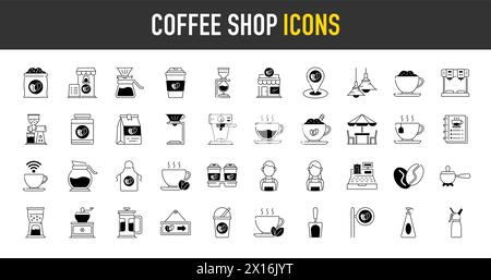 Coffee shop icons. Beans, hot cocktail and coffee maker machine. Espresso cup, cappuccino with whipped cream icon. Latte vending machine, breakfast Stock Vector