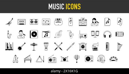 illustration of music instrument in flat vector style icons. Stock Vector