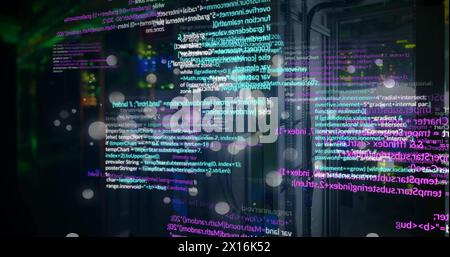 Image of data processing and light spots over server room on black background Stock Photo