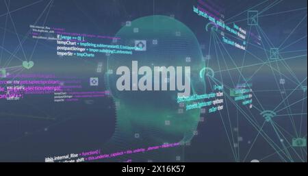 Image of data processing and network of connections over digital human head on black background Stock Photo