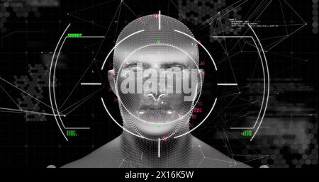 Image of data processing and network of connections over digital human head on black background Stock Photo